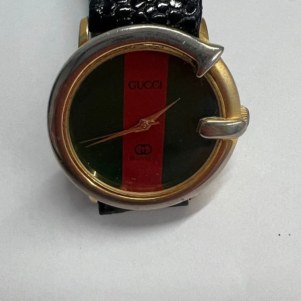 Vintage Watch Green-Red-Green Dial Black Lizard Embossed Leather Strap